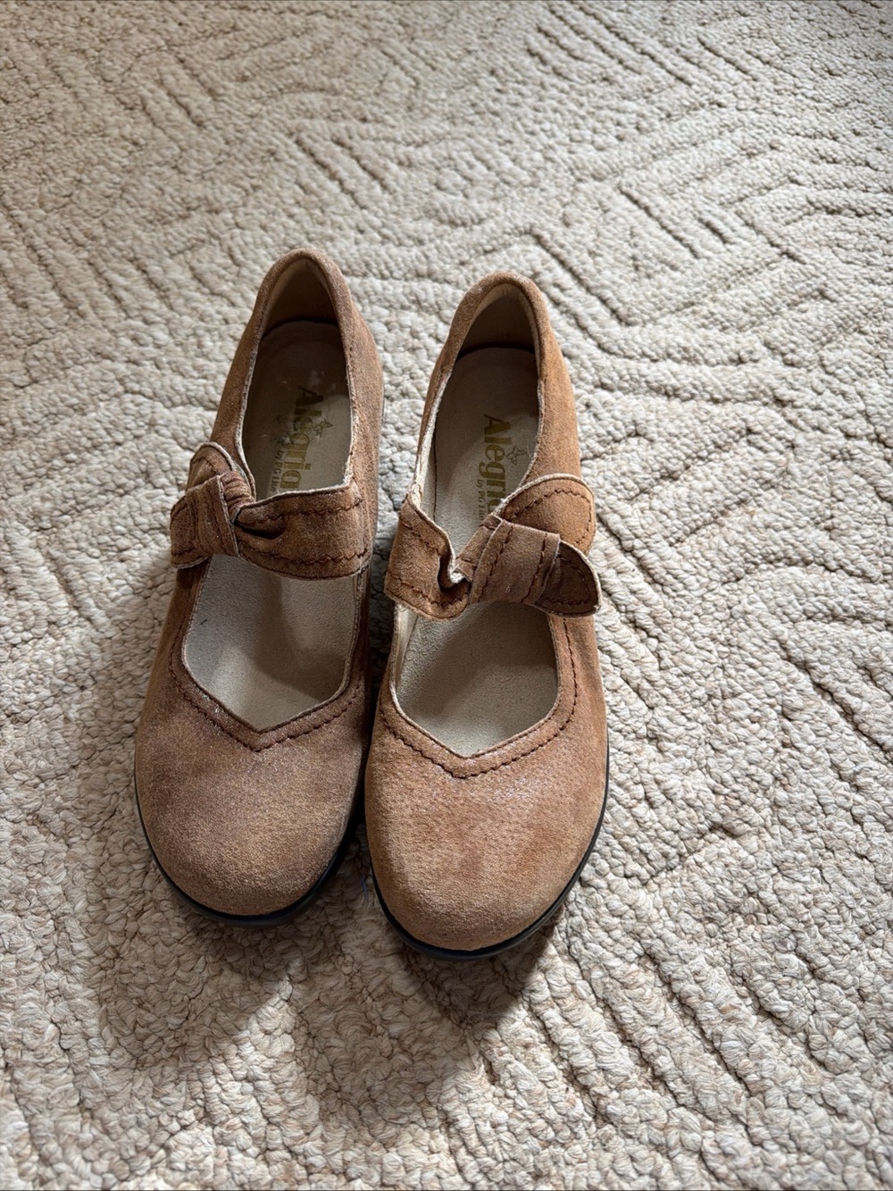 Alegria Tan Suede Mary Jane with Bow Strap
